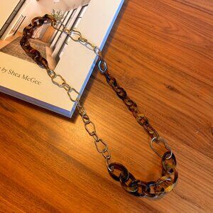 Gold Tone Faux Tortoise Shell Link Chain Long Statement Necklace
